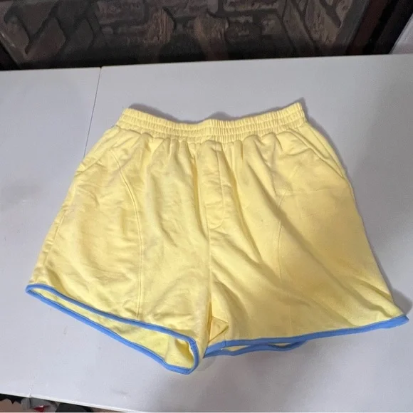 Vintage Yellow Shorts with Blue Trim | Size S | Elastic Waist | Side Pockets | - Picture 2 of 3